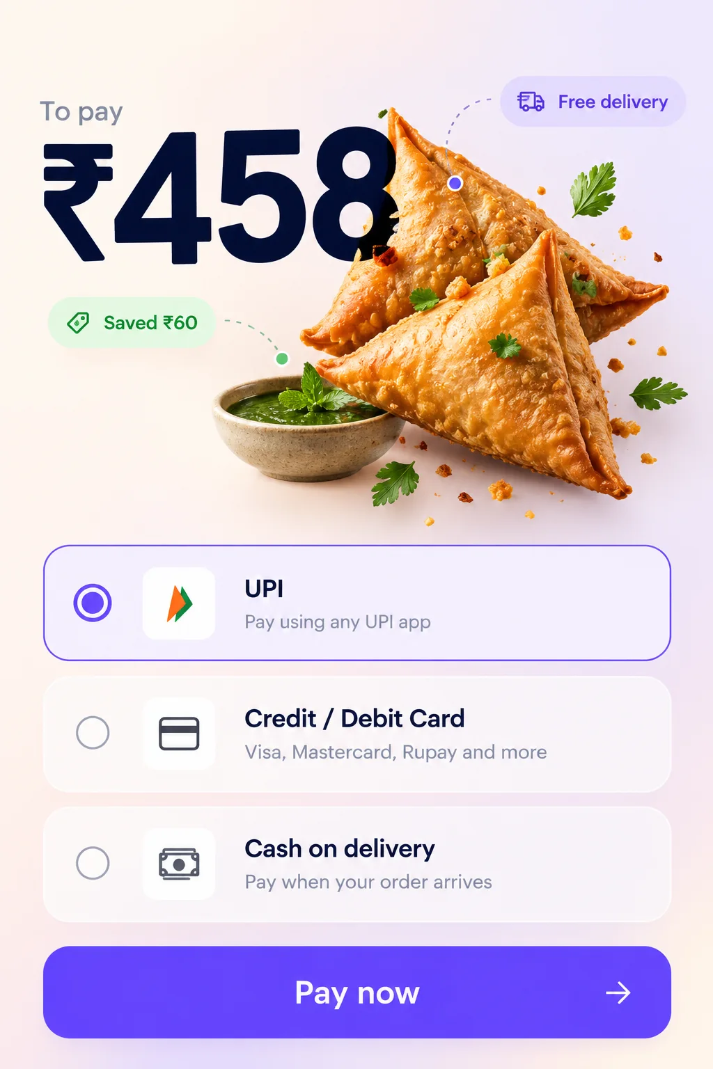 Pay with UPI in one tap — app screen