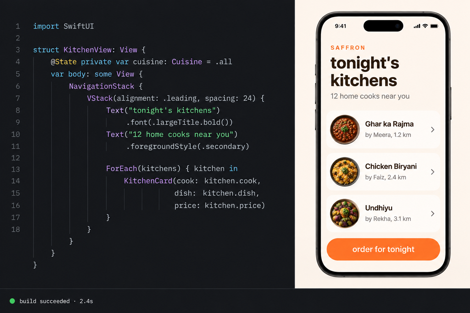 a code editor beside an iphone simulator running a build