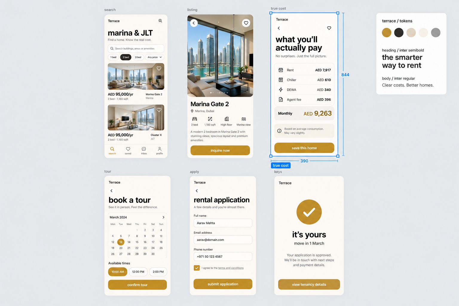 a design canvas with app screens and a component library