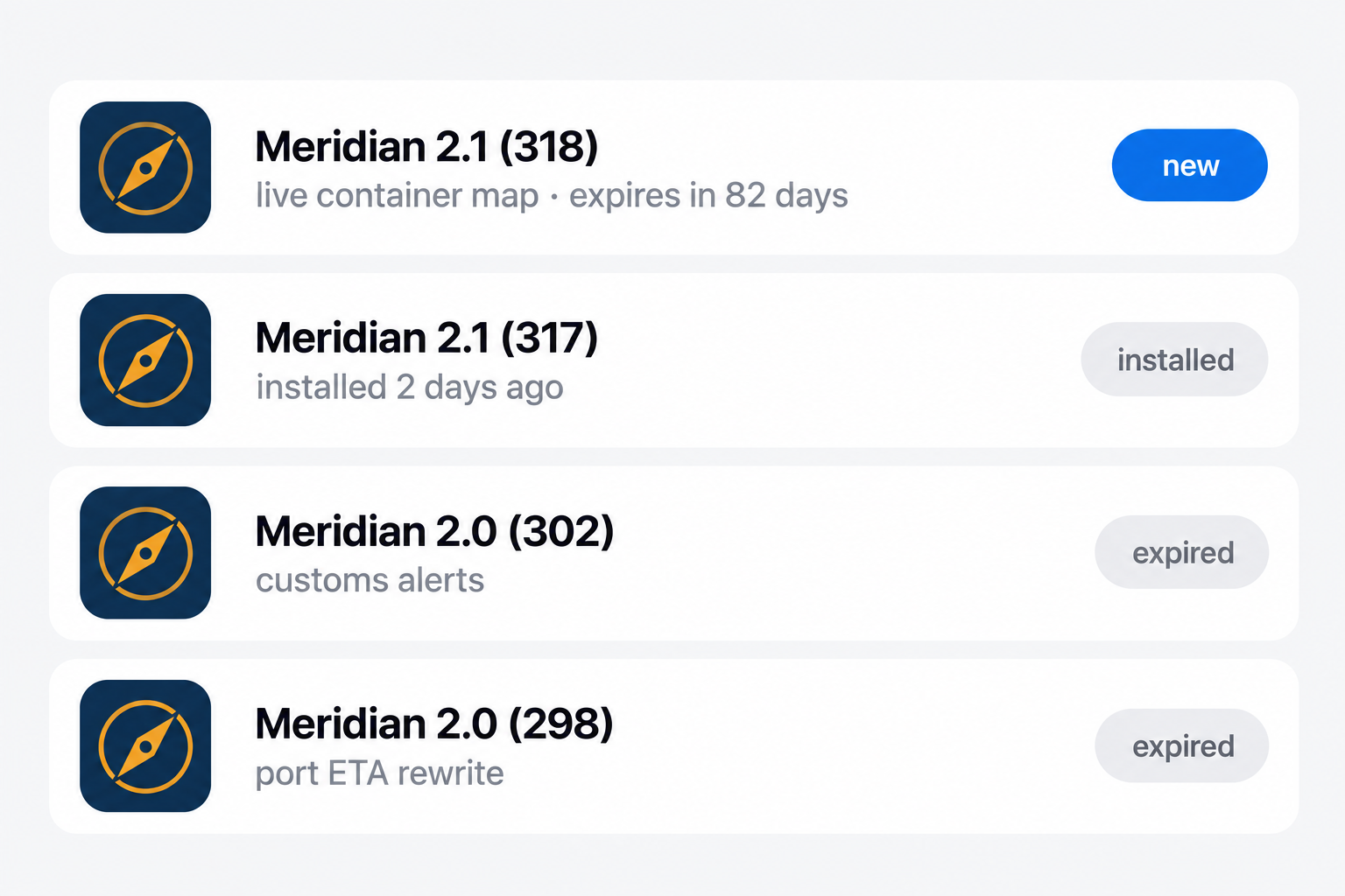 a testflight build list for a delivery app